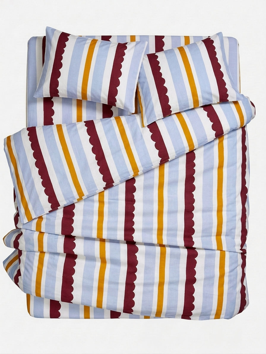 Striped bedding set including a duvet cover and two pillowcases, featuring vertical stripes in light blue, white, mustard yellow, and burgundy with scalloped edges, shown on a plain white background.