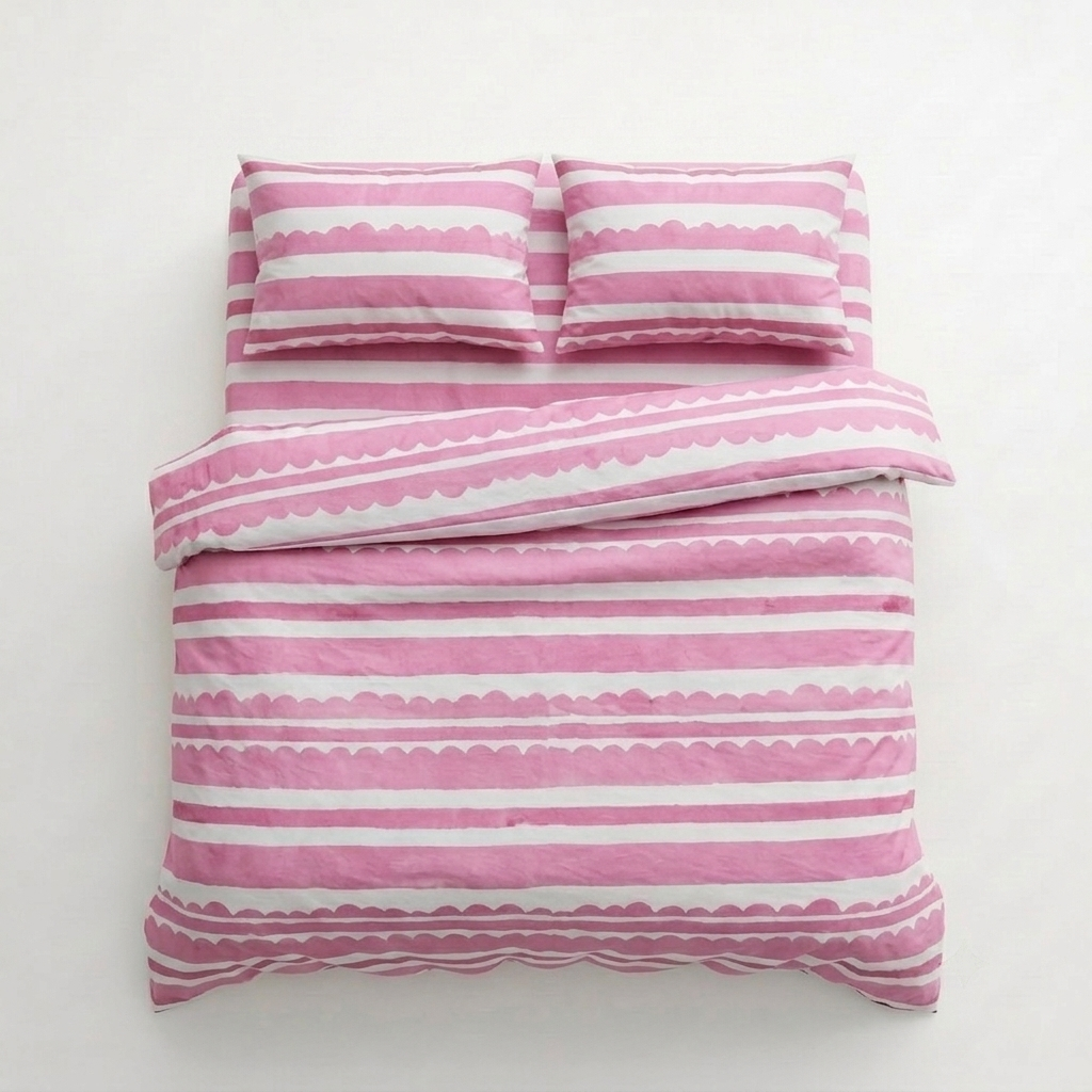 Pink and white striped bedding set including a duvet cover and two matching pillowcases, displayed flat against a plain white background.