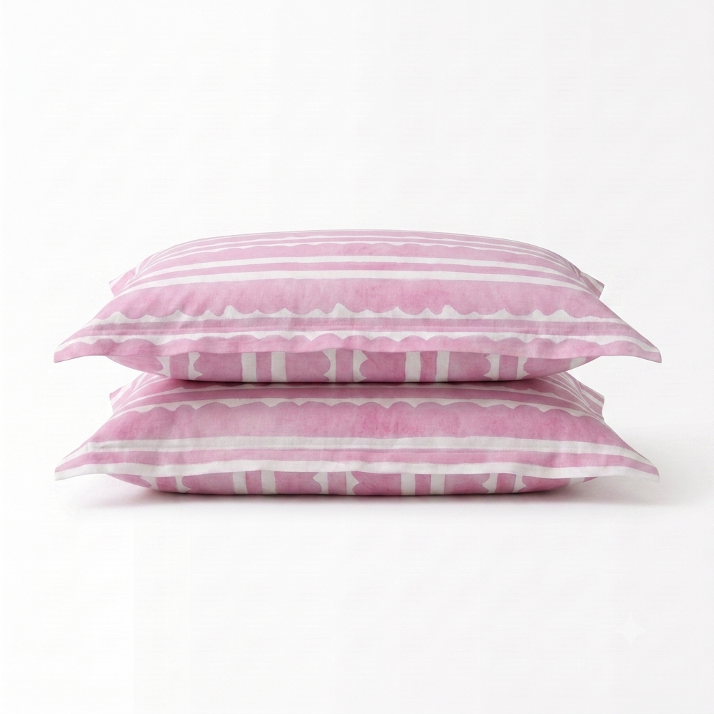 Two pink pillowcases stacked on a white background, featuring a striped pattern with scalloped edges.